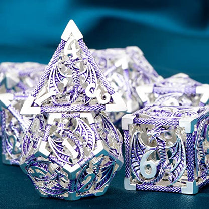 ARUOHHA Hollow DND Metal Dice Set Purple Dragons D and D Dice, RPG Role Playing Games Dungeons Polyhedral Dice with Gift Box D20 D12 D10 D8 D6 D4 - color: Silver Purple