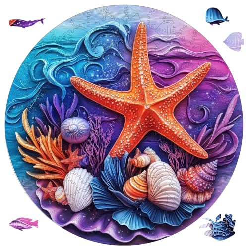 Delobil Wooden Puzzles for Adults, Seashell Starfish Jigsaw Puzzles 200 Pieces, Unique Shape Summer Puzzles with Wooden Box, 11.2 x 11.2 Inches Family Puzzles Game Gift for Adults and Kids - color: Shell Starfish, size: 200Pcs