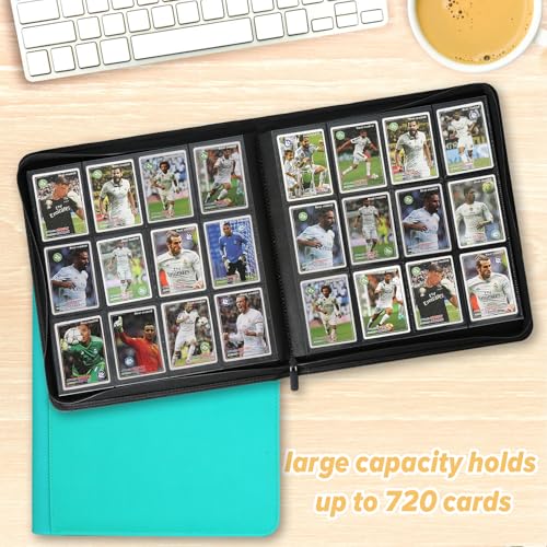12 Pocket Ringless Side Loading Trading Card Binder, 720 Cards PU Fixed Page Zipper Card Album for TCG Sports Game Cards, Not Fit Top Loaders (Lake Blue) - color: 12 Pocket 720 Diamond Lake Blue