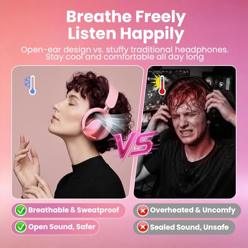 Xmenha Pink Open Ear Open-Back Headphones Wireless Bluetooth Gaming Headset with Mic for PC Switch Xbox One PS4 PS5, 3.5mm Wired Breathable Lightweight Over Ear Headphones Adjustable RGB Light - color: Pink