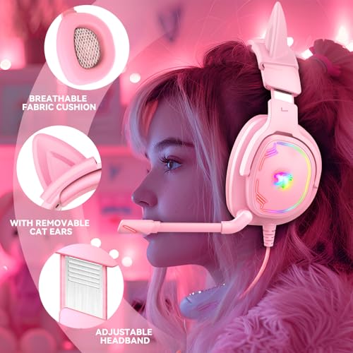 Jimonyer Gaming Headset with Microphone, 7.1 Surround Sound and Noise Canceling Over Ear Headphones for PC/PS4/PS5/Xbox Series/Switch, RGB Light and Soft Imitation Protein Earmuffs (PinkCat) - color: PinkCat