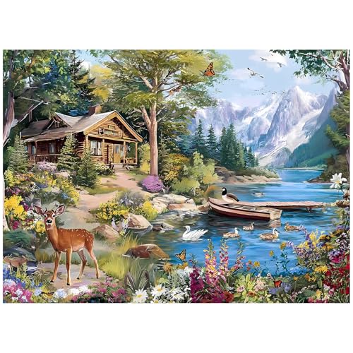 500 Piece Puzzle for Adults, Mountain Cabin Lake Jigsaw Puzzle 500 Piece for Seniors Teens, Family Puzzles Game Interlock Perfectly No Dust, Home Decoration Puzzles Birthday Party Gift for Men Women - style: Cabin Lake Beer Puzzle
