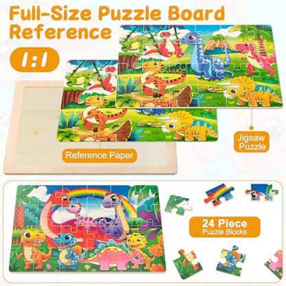 4 Pack Wooden Dinosaur Jigsaw Puzzles for Kids Ages 2-4 Toddler Puzzles | Sensory Toys, Preschool Educational Toys, Toddler Puzzles Gift for 3 4 5 Year Old Boys Girls - color: Dinosaur
