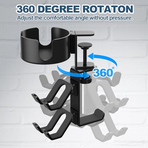 4 in 1 Desk Cup Holder with Headphone Hanger and Controller Stand Gaming Accessories, Universal Adjustable & Rotating Upgraded Arm Clamp for Coffee Mugs, Water Bottles, Headphones, Controller.