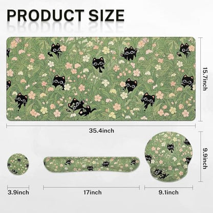 Arttown Cute Black Cat Desk Mat Pink Flower Green Leaves Mouse Pad Set 4 in 1 Ergonomic Design Large Desk Pad + Keyboard Wrist Rest + Mouse Wrist Rest + Coaster Suitable for Home Office Study Game - color: Black Cats