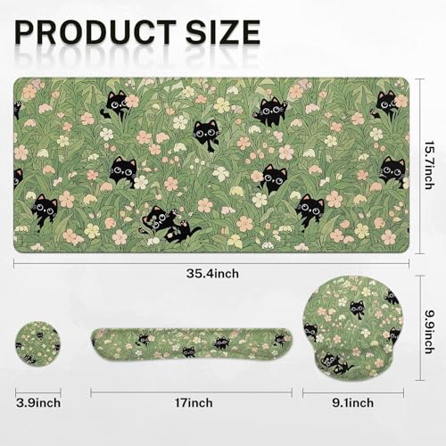 Arttown Keyboard Mouse Pad Set, 4 in 1 Desk Mat Set Black Cat | Cute Flower Leaves Pink Large Mousepad+Keyboard Wrist Rest+Mouse Wrist Rest+Coaster Ergonomic Design for Home Office Computer - color: Black Cats