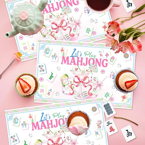 24 Pack Mahjong Placemats, 17x11 Inch Disposable Table Mats for Game Nights | Pink Mahjong Design with Tiles, Dice, Cocktail, Flowers, Blue Border for Birthday, Bridal Shower, Game Party, Table Decor Set