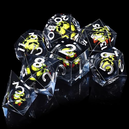 AUSTOR 7 Die DND Dice Set - 7 Pieces Green Skull Resin Dice - D20, D12, D10, D8, D6, D4 Sharp Edge Dungeons and Dragons Dice with Case - color: Green Skull