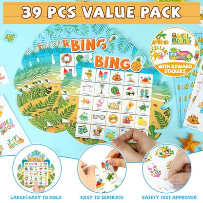 39Pcs Hawaiian Bingo Game for Adults Kids 24 Players Tropical Summer Palm Leaves Bingo Game Cards with Reward Stickers for Family Friend Student Large Group Activities Luau Theme Party Supplies Favors - style: Hawaiian
