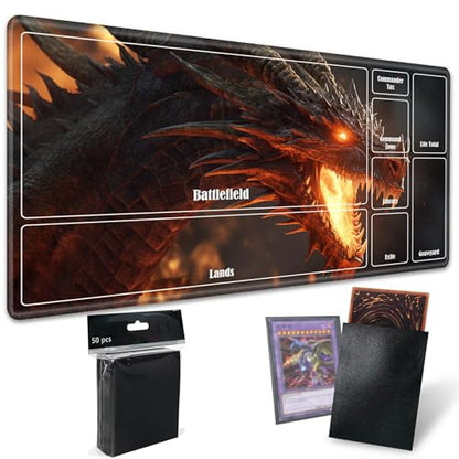 Board Game Mat TCG Playmat Plus 50 Pcs Card Sleeves, 24 x 14 inches Table Mats Games Mousepad with Zones Smooth Surface for MTG RPG CCG Trading Card Game Play Mats, Fiery Dragon - color: Fiery Dragon, size: Zone 1