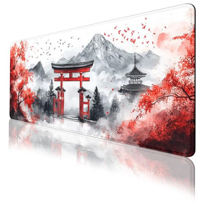 Japanese Gaming Mouse Pad Mountains Cherry Blossoms Watercolor Large Gaming Mouse Mat with Stitched Edges,Non-Slip Waterproof Rubber Base Mous Mat 31.5"x11.8" - color: Japanese, size: 31.5L x 31.5W inches