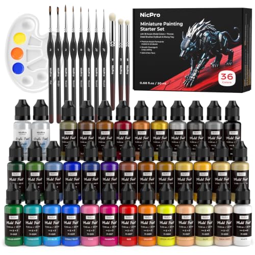 Nicpro All-In-One Miniature Painting Kit, Starter Paint Set with 36 Colors | Model Paint & Thinner(20ml), Palette, 11 Detail Paint Brushes Drybrush, Miniature Paint Set for Models, Scale Figures, Crafts - color: 36 Colors + Thinner + Brush