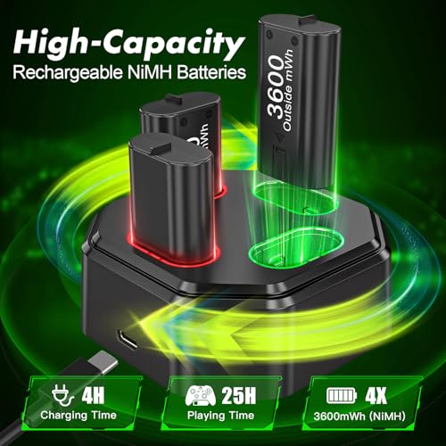 4 Pack Rechargeable Battery Pack Compatible with Xbox Series S/X,Charger Dock with 4 x 3600mWh NiMH Controller Battery Pack for Xbox One Wireless Controller - color: Black