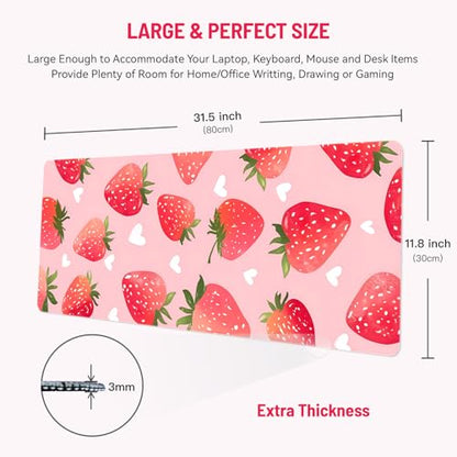 Mousepad Desk Mat Gaming Large Keyboard Cute Office Desktop Computer Laptop Strawberry XXL Long Giant Big Kawaii Aesthetic Girly Pretty Design Women Girl Gamer Oversized Wide 30x12'' Mousepad - color: Strawberry