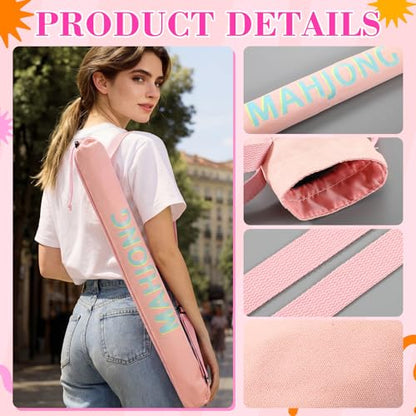 34 Inch Long Mahjong Mat Bag Cute Double Strapped Canvas Drawstring Mahjong Holder Lightweight Outdoor Carrying Bag for Board Games Travel Storage-Mat Not Include(Light Pink,1 Pc) - color: Light Pink, style: Soild