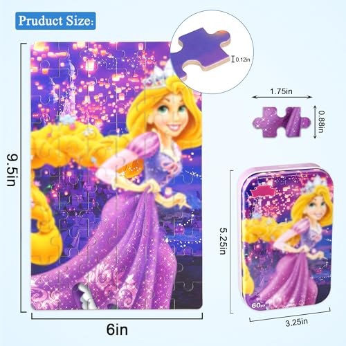 Puzzles for Kids Ages 4-8,Kids Puzzls in a Metal Box,60 Pieces Long Hairs Princess Small Puzles,Kid Boys Girls Learning Educational Puzzle Packed in Tin Box - color: Long Hairs60
