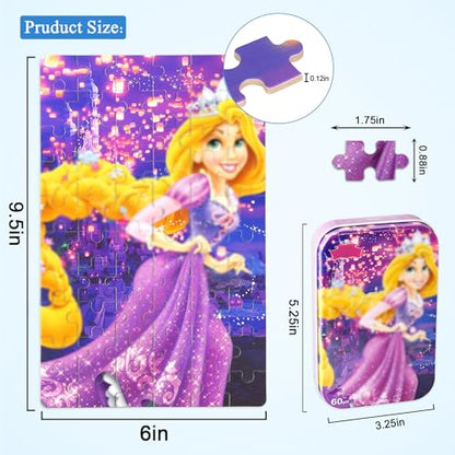 Puzzles for Kids Ages 4-8,Kids Puzzls in a Metal Box,60 Pieces Long Hairs Princess Small Puzles,Kid Boys Girls Learning Educational Puzzle Packed in Tin Box - color: Long Hairs60