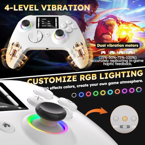 Interactive Screen Wireless Gaming Controller for PC/PS4/ Switch/Android/iOS, 4 Programmable Buttons, Turbo, 6-axis Gyro, Dual Vibration, RGB Lighting, Share, Screenshot, 1000mAh, Wake-up White - color: White