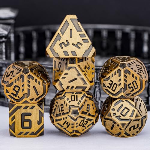 Metal DND Sci-fi Dice Set 7PCS Stripe Polyhedral Dice for Dungeons Dragons RPG Role Playing Game, Glitter D and D Dice with Gift Box D6 D8 D10 D12 D20 (Antique Gold) - color: Antique Gold