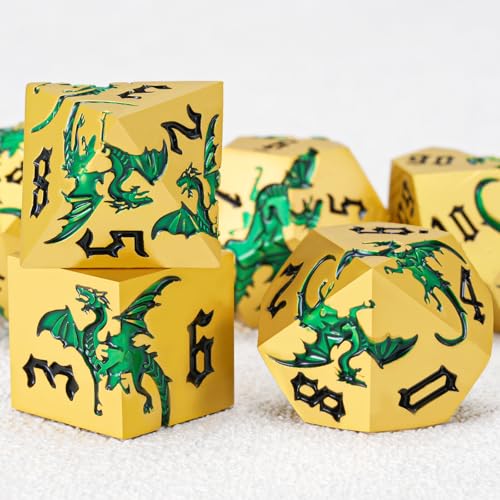 Metal DND Dragon Dice Set,D&D Polyhedral Dice with Dragon for Dungeons and Dragons RPG TTRPG D and D 7-Die Set with Gift Case Dragon-Pearl Gold Transparent Green - color: Dragon-pearl Gold Transparent Green