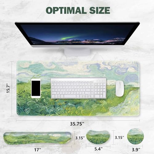 ToLuLu Extended Gaming Mouse Pad, Memory Foam Keyboard Mouse Wrist Rest Set | Large Desk Mat with Stitched Edges, Non-Slip Base Ergonomic Support Mousepad for Home Office Game and Study, Green Theme - color: Green Theme