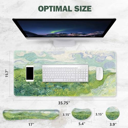 ToLuLu Extended Gaming Mouse Pad, Memory Foam Keyboard Mouse Wrist Rest Set | Large Desk Mat with Stitched Edges, Non-Slip Base Ergonomic Support Mousepad for Home Office Game and Study, Green Theme - color: Green Theme