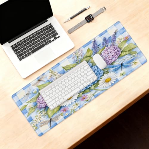Hydrangea Dragonfly Lattice Gaming Mouse Pad, with Stitched Edges, Rubber Base Keyboard and Mouse pad Desk Mat Non-Slip Waterproof Protector Writing Pad for Work Game Office Home 11.8x31.5in - color: B 004, size: Large