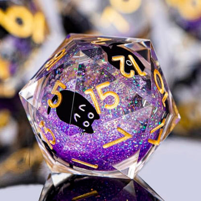 DND Cat Dice Set Purple Sharp Edge Dice with Box, RPG D and D Dice Dungeons Dragons Role Playing Game Polyhedral Resin Dice Set D20 D12 D10 D8 D6 D4 - color: Golden Purple