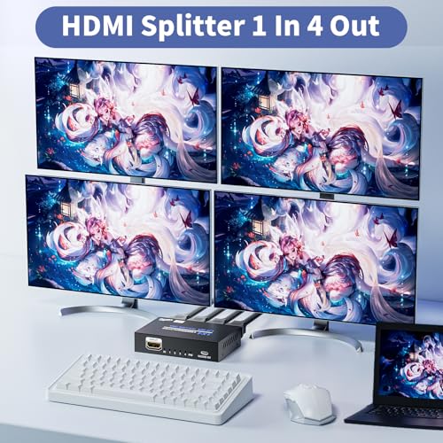 HDMI Splitter 1 in 4 Out 4K@30Hz, Powered 1x4 HDMI Video Splitter 4 Ports with Power Cord, Duplicate/Mirror Screen, Supports UltralHD 3D 1080P HDCP 1.4 for HDTV, STB, DVD, PS5/4/3, Projector, Etc