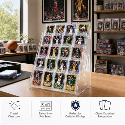 DEEIF 2 Pack Acrylic Trading Card Display Stand, 5-Tier Clear Shelf Holds Up to 40 Cards, 12" Wide Card Holder for Top loaders & Magnetic Cases, Large Storage for TCG, MTG Cards - size: 5 Tier, 2 Pack
