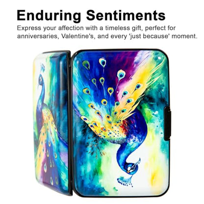 Credit Card Holder Small RFID Blocking Wallet Business Metal Slim Mini Aluminum Hard Case for Women Men - color: Colorful Peacock