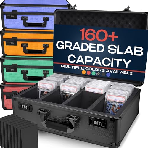 160+ Premium Graded Card Storage Box - PSA Slab Case for Trading Cards, Sports Cards - Baseball, Football, Pokemn, MTG, TCG Card Storage - Top Loader Compatible, Reinforced Aluminum Case with Lock - color: Black, size: 160 Slabs