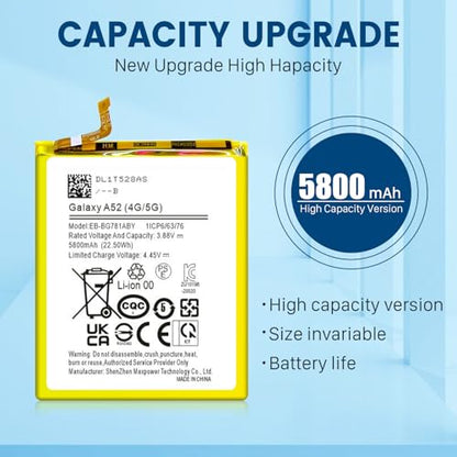 Galaxy A52 Battery,5800mAh EB-BG781ABY Replacement Battery with Repair Kit | Compatible SM-A526/SM-A526B/DS/SM-A5260 2026 Upgraded,0 Cycle,Overcharge Protected, Original size - style: A52