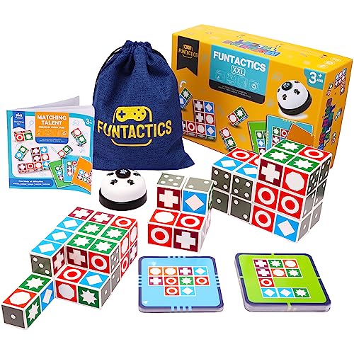 XXL Funtactics Wooden Matching Game Puzzle 3.0 Games, Pattern Block Match Puzzles Building Cubes with Bell for Kids and Adults Toys Board Games for Family Holidays Night 5 Players