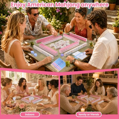 Pink American Mahjong Tile Set, 168 Premium Melamine | Gift-Ready Set with Storage Bag, Dice, Chips & Accessories for Family Game Nights, Parties, Travel and Vacations - color: Pink