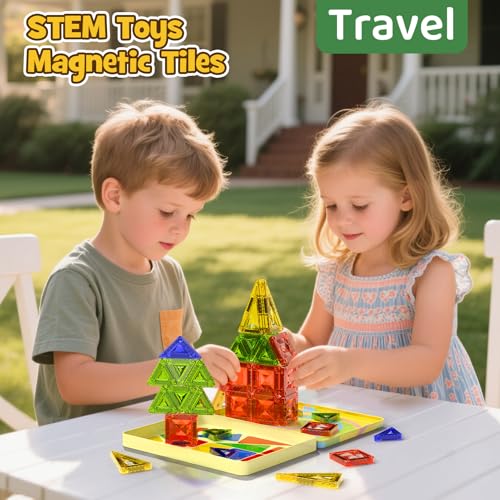 Mini Magnetic Tiles for Kids Travel: 40PCS Portable Building Blocks | Metal Storage Box & Visual Guide for 1-Minute Cleanup - Diamond Sparkle STEM Travel Toys for Toddlers Boys Girls Age 3-8 - style: Diamond Texture Mini Magnetic Tiles - 40 PCS