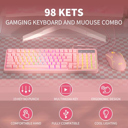 Pink Creamy Keyboard and Mouse Combo,MageGee GK980 Wired RGB Backlit Keyboard and Pink Gaming Mouse Combo,PC Keyboard and Adjustable Sensitivity Mouse for PC/loptop/MAC - color: Pink RGB