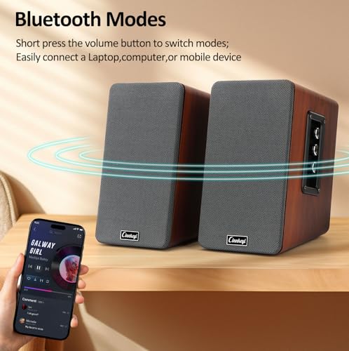 PC Speakers 50W,Wooden 2.0 Bookshelf Speakers | Bluetooth, RCA, AUX (3.5mm), USB (DSP) Inputs | Strong Bass Computer Speakers for Turntable, TV, Laptop,Record Player