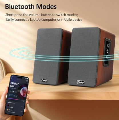 PC Speakers 50W,Wooden 2.0 Bookshelf Speakers | Bluetooth, RCA, AUX (3.5mm), USB (DSP) Inputs | Strong Bass Computer Speakers for Turntable, TV, Laptop,Record Player