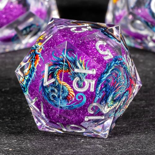OUKELANWO Liquid Core Dragons Stickers DND Dice Set D&D, 7Pcs Dungeons D and D Role Playing Dice with Gift Box, Resin Sharp Edge Dice D20 D12 D10 D8 D6 D4, Purple White - color: Purple