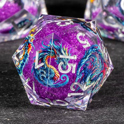 OUKELANWO Liquid Core Dragons Stickers DND Dice Set D&D, 7Pcs Dungeons D and D Role Playing Dice with Gift Box, Resin Sharp Edge Dice D20 D12 D10 D8 D6 D4, Purple White - color: Purple