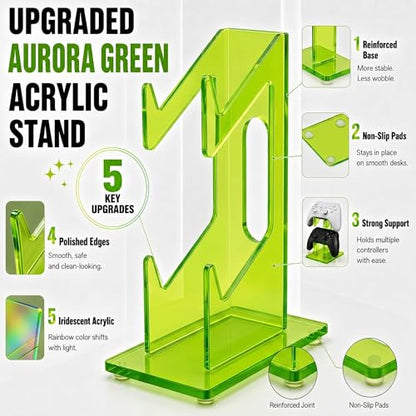 Aurora Green 2 Pack 2-Tier Controller Holder Display Stand for PS5, Xbox | Controller holder & display stand for gaming desk or battlestation; set of 2 holds 4 pads, charge in place, aurora acrylic