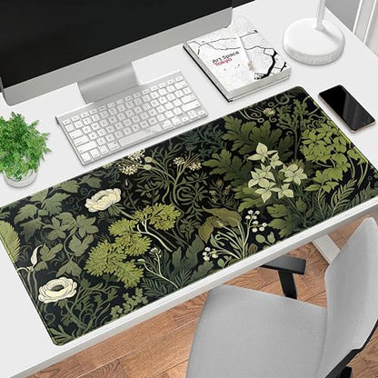 Green Leaves Beige Plants Pad, Large Extend Mouse Pad XXL, Freshness Foliage Keyboard Mat, Black Esthetics Desktop Mat Laptop Wireless Mouse Mat, Gift for Women 31.5"x15.75" - color: Green Leaves of Darkness
