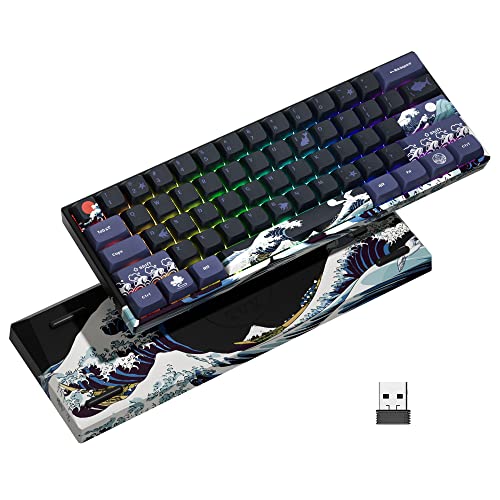 XVX 60% Gaming Keyboard, RGB 3-Modes Wireless Mechanical Keyboard, Mini 60 Percent Gamer Keyboard with Hot-Swappable Pre-lubed Linear Switch for Windows & Mac (Great Wave Off Kanagawa), M61 Pro - color: Black Kanagawa