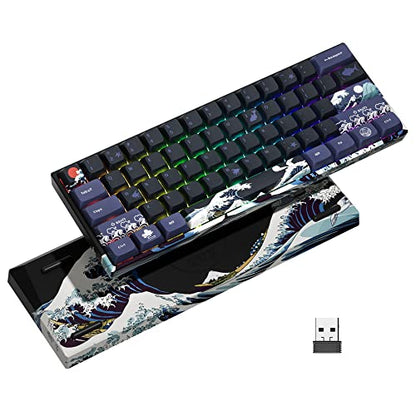 XVX 60% Gaming Keyboard, RGB 3-Modes Wireless Mechanical Keyboard, Mini 60 Percent Gamer Keyboard with Hot-Swappable Pre-lubed Linear Switch for Windows & Mac (Great Wave Off Kanagawa), M61 Pro - color: Black Kanagawa