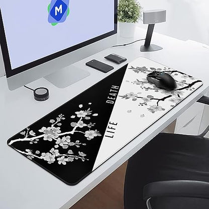 DIGSOM Mouse Pad Black and White Cherry Blossom Pattern, 31.5 x 11.8in | XL Mouse mat, Smooth surface, Anti-slip rubber base, For keyboard and mouse, For home and office use - color: Black and White Cherry Blossom