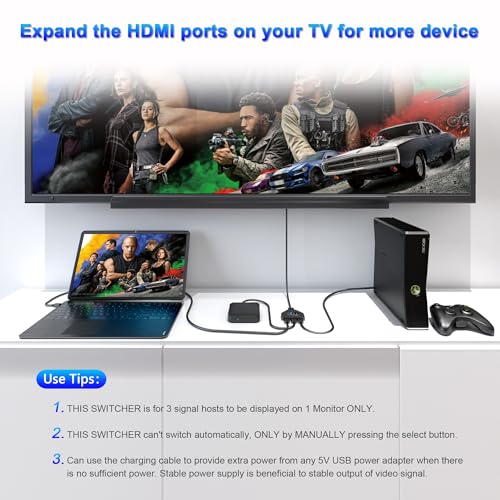 HDMI Switch 3 in 1 Out, 4K@30hz HDMI Splitter, 3 Ports HDMI Switcher Supports Full HD 1080P 3D Compatible with Roku Fire TV Stick HDTV PS4/PS5 Xbox One Chromecast, Compatible with Mac/Win/Linux