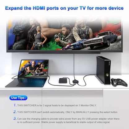 HDMI Switch 3 in 1 Out, 4K@30hz HDMI Splitter, 3 Ports HDMI Switcher Supports Full HD 1080P 3D Compatible with Roku Fire TV Stick HDTV PS4/PS5 Xbox One Chromecast, Compatible with Mac/Win/Linux