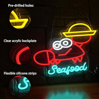 Seafood Neon Sign Dimmable Crab Neon Light Marine Animals Light Sign for Seafood Restaurant Aquarium Kitchen Outdoor Food Party(12.6 * 16.54In) - style: Seafood