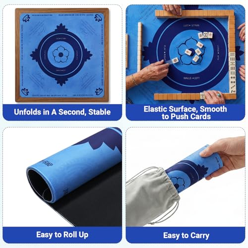 Mahjong Mat with Rules, 32.2 Inch Square Mahjong Mats for Table, Noise Reduction Mah Jong Mat, Rubber Anti-Slip Base for Board Games, Tiles Game & Dominoes Blue - color: Blue